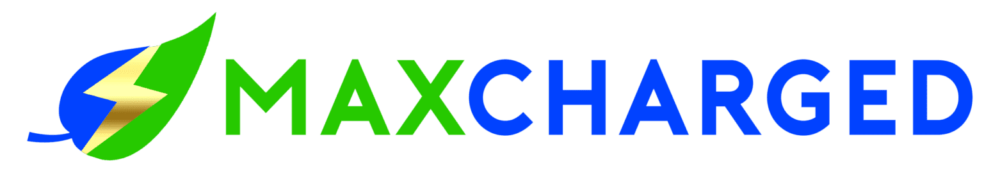 Maxcharged logo with green leaf and lightning bolt.